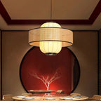 Traditional Japanese Rattan Woven Ring Fabric Cylinder Shade 1-Light Pendant Light For Living Room