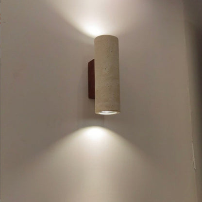 Traditional Japanese Beige Travertine Cylinder 2-Light Up And Down Illuminated Wall Sconce Lamp For Bedroom