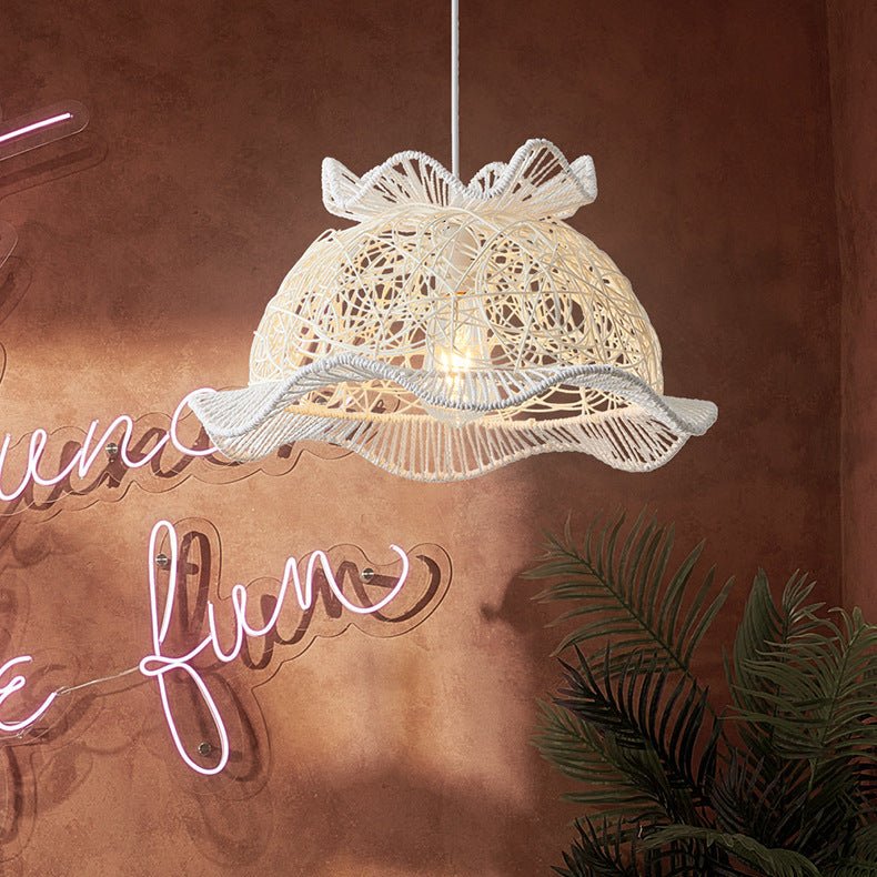 Modern Art Deco Rattan Wave Straw Hat Iron 1-Light Pendant Light For Living Room