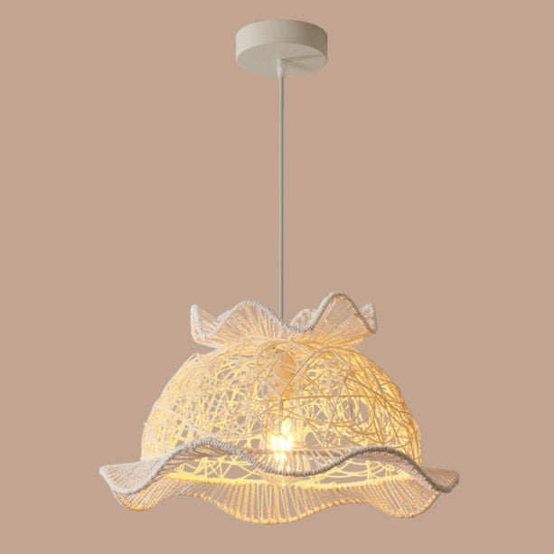 Modern Art Deco Rattan Wave Straw Hat Iron 1-Light Pendant Light For Living Room