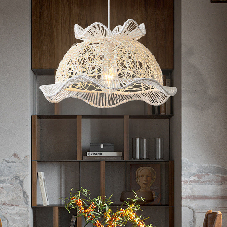 Modern Art Deco Rattan Wave Straw Hat Iron 1-Light Pendant Light For Living Room
