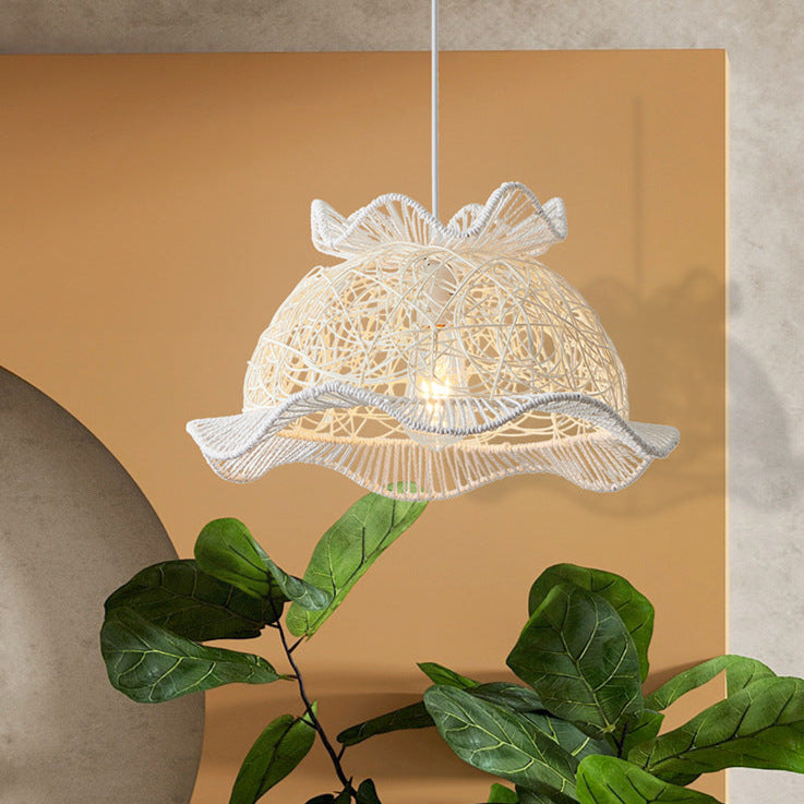 Modern Art Deco Rattan Wave Straw Hat Iron 1-Light Pendant Light For Living Room