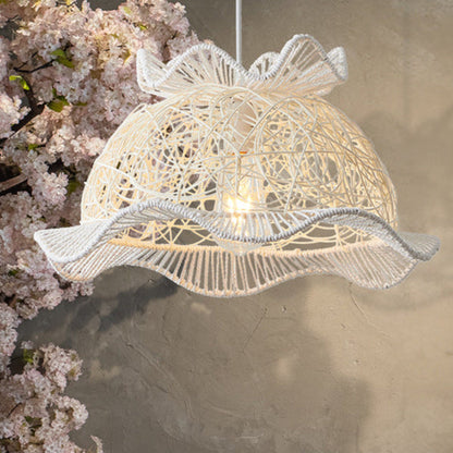 Modern Art Deco Rattan Wave Straw Hat Iron 1-Light Pendant Light For Living Room