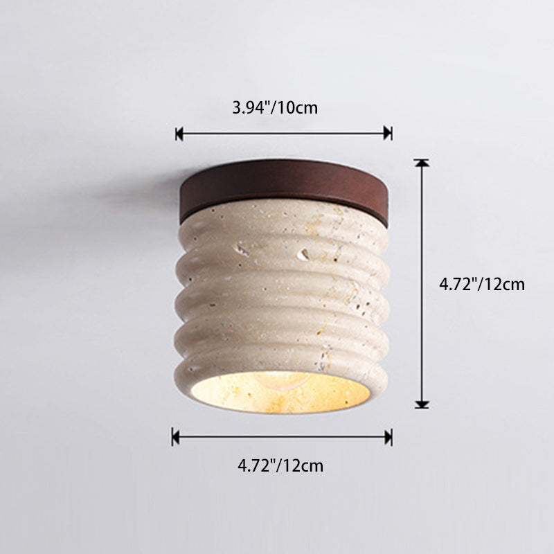 Traditional Japanese Yellow Travertine Cylinder 1-Light Flush Mount Ceiling Light For Living Room
