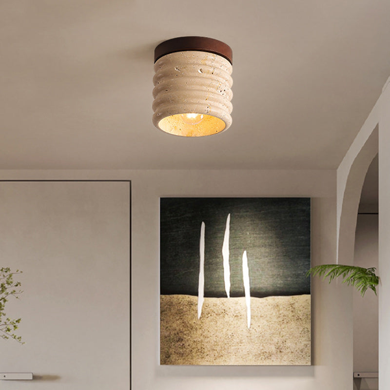 Traditional Japanese Yellow Travertine Cylinder 1-Light Flush Mount Ceiling Light For Living Room