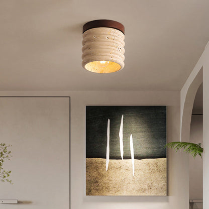 Traditional Japanese Yellow Travertine Cylinder 1-Light Flush Mount Ceiling Light For Living Room