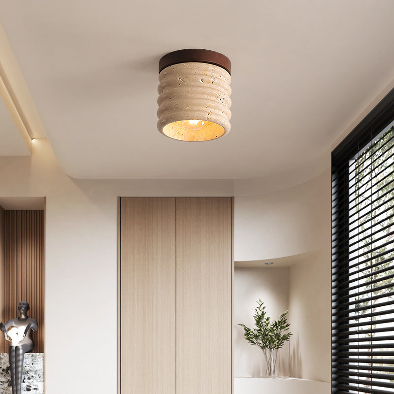 Traditional Japanese Yellow Travertine Cylinder 1-Light Flush Mount Ceiling Light For Living Room