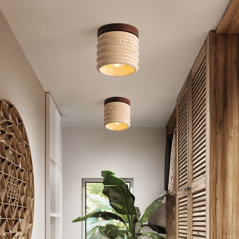 Traditional Japanese Yellow Travertine Cylinder 1-Light Flush Mount Ceiling Light For Living Room