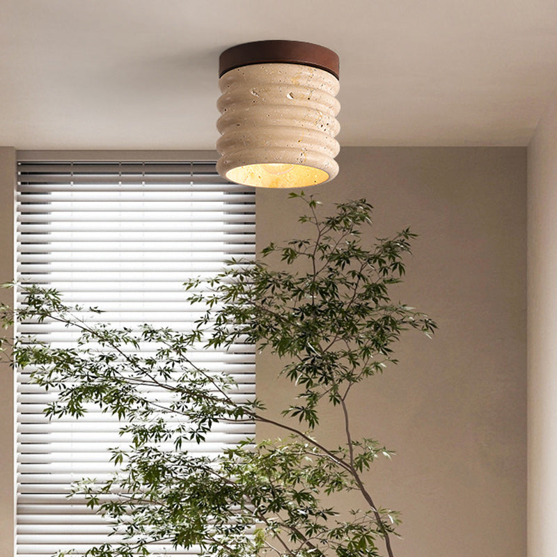 Traditional Japanese Yellow Travertine Cylinder 1-Light Flush Mount Ceiling Light For Living Room