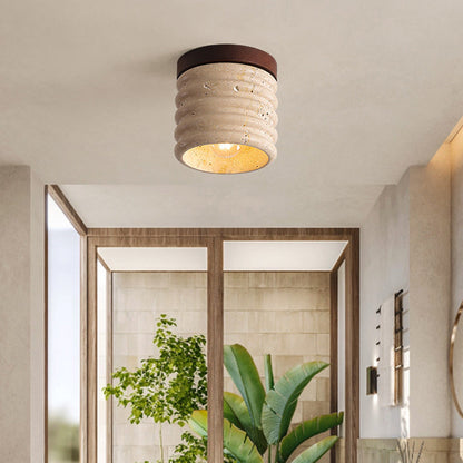 Traditional Japanese Yellow Travertine Cylinder 1-Light Flush Mount Ceiling Light For Living Room