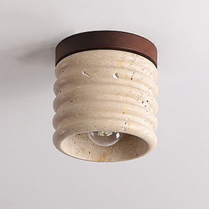 Traditional Japanese Yellow Travertine Cylinder 1-Light Flush Mount Ceiling Light For Living Room