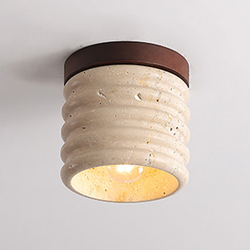 Traditional Japanese Yellow Travertine Cylinder 1-Light Flush Mount Ceiling Light For Living Room