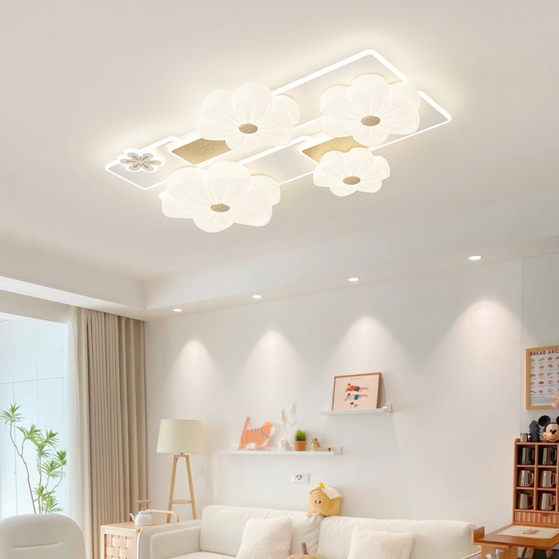 Modern Art Deco Flower PE Rectangular Shade Hardware LED Flush Mount Ceiling Light For Living Room
