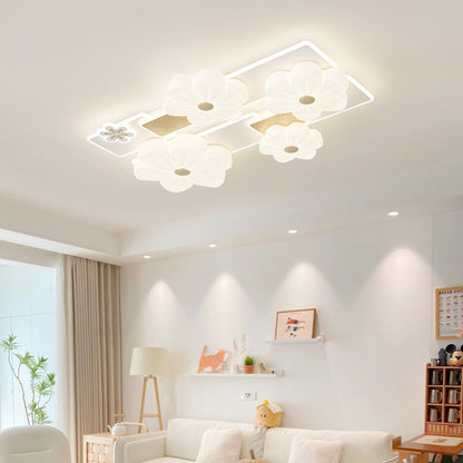 Modern Art Deco Flower PE Rectangular Shade Hardware LED Flush Mount Ceiling Light For Living Room
