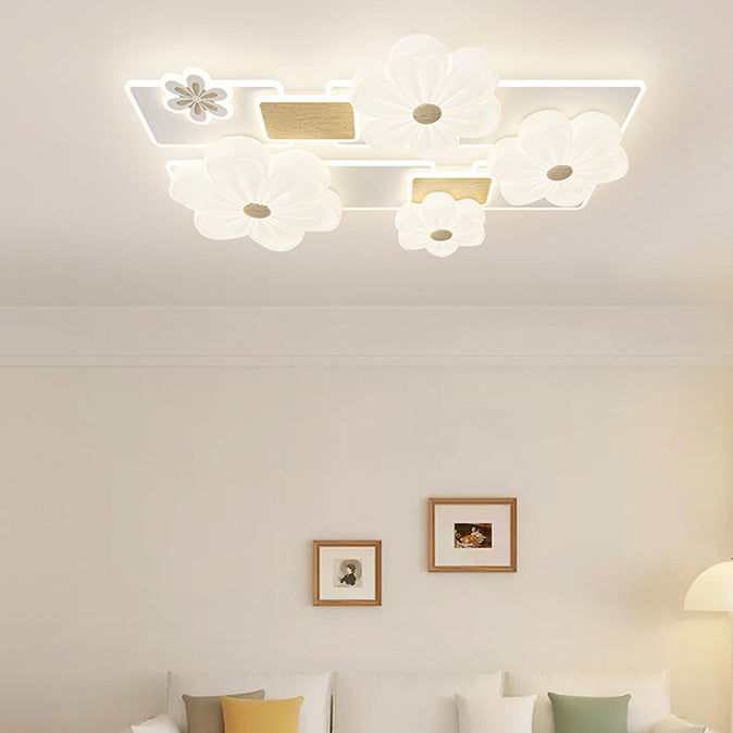 Modern Art Deco Flower PE Rectangular Shade Hardware LED Flush Mount Ceiling Light For Living Room