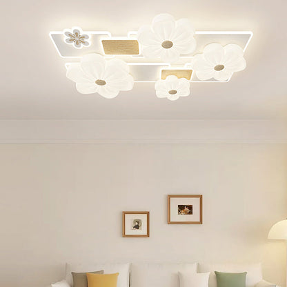 Modern Art Deco Flower PE Rectangular Shade Hardware LED Flush Mount Ceiling Light For Living Room