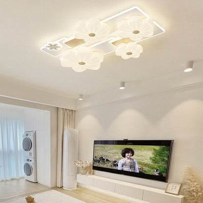 Modern Art Deco Flower PE Rectangular Shade Hardware LED Flush Mount Ceiling Light For Living Room
