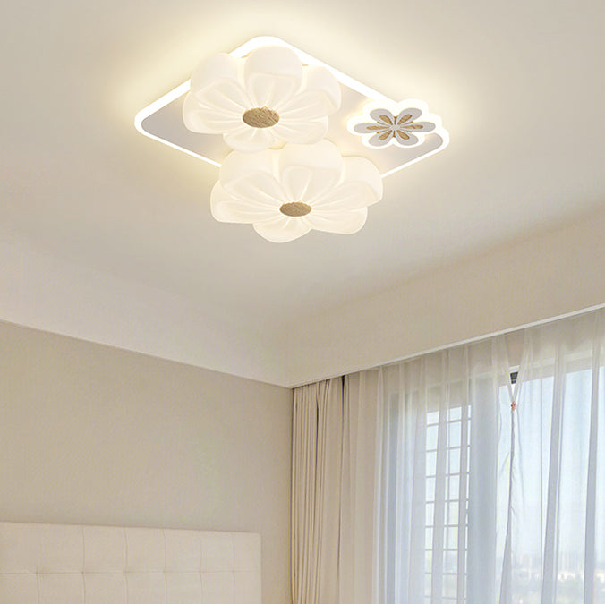Modern Art Deco Flower PE Rectangular Shade Hardware LED Flush Mount Ceiling Light For Living Room