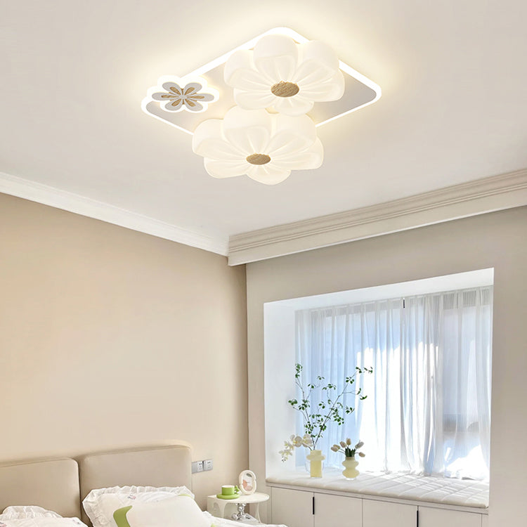 Modern Art Deco Flower PE Rectangular Shade Hardware LED Flush Mount Ceiling Light For Living Room