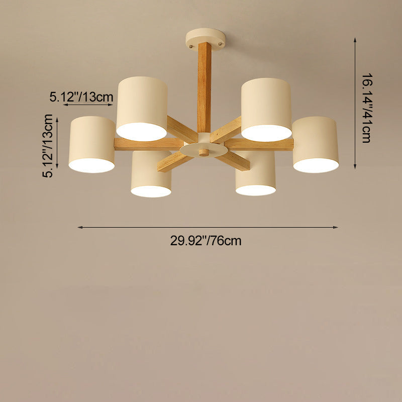 Contemporary Scandinavian Solid Wood Frame Hardware Cylinder Shade 6/8-Light Semi-Flush Mount Ceiling Light For Living Room