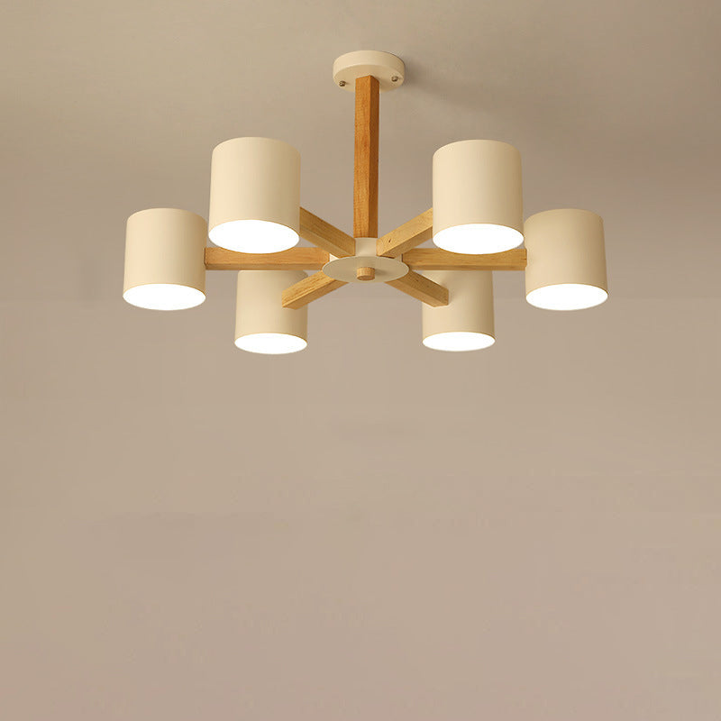 Contemporary Scandinavian Solid Wood Frame Hardware Cylinder Shade 6/8-Light Semi-Flush Mount Ceiling Light For Living Room