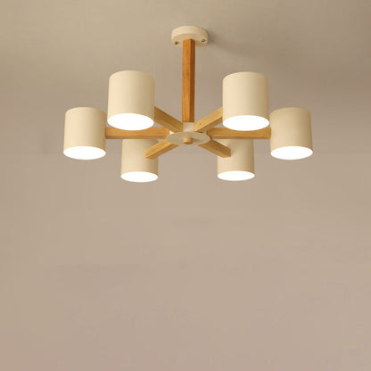 Contemporary Scandinavian Solid Wood Frame Hardware Cylinder Shade 6/8-Light Semi-Flush Mount Ceiling Light For Living Room