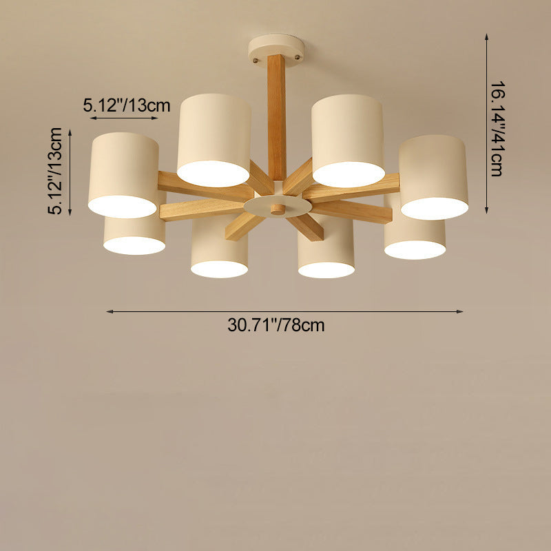 Contemporary Scandinavian Solid Wood Frame Hardware Cylinder Shade 6/8-Light Semi-Flush Mount Ceiling Light For Living Room