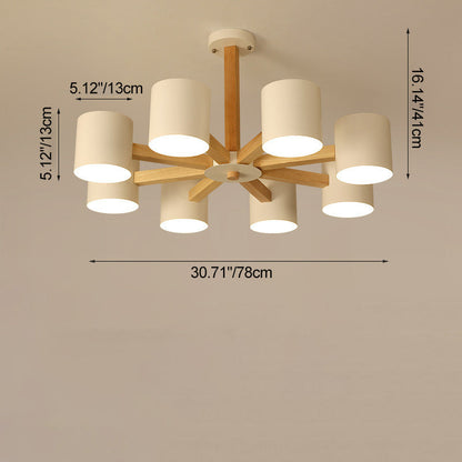Contemporary Scandinavian Solid Wood Frame Hardware Cylinder Shade 6/8-Light Semi-Flush Mount Ceiling Light For Living Room