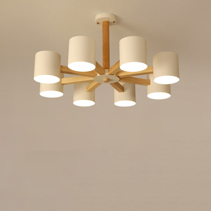 Contemporary Scandinavian Solid Wood Frame Hardware Cylinder Shade 6/8-Light Semi-Flush Mount Ceiling Light For Living Room