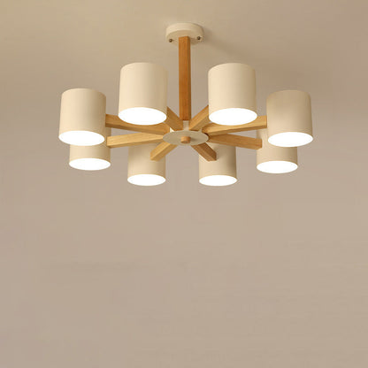 Contemporary Scandinavian Solid Wood Frame Hardware Cylinder Shade 6/8-Light Semi-Flush Mount Ceiling Light For Living Room