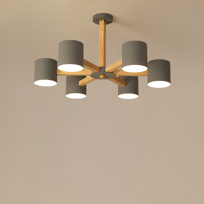 Contemporary Scandinavian Solid Wood Frame Hardware Cylinder Shade 6/8-Light Semi-Flush Mount Ceiling Light For Living Room