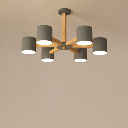 Contemporary Scandinavian Solid Wood Frame Hardware Cylinder Shade 6/8-Light Semi-Flush Mount Ceiling Light For Living Room