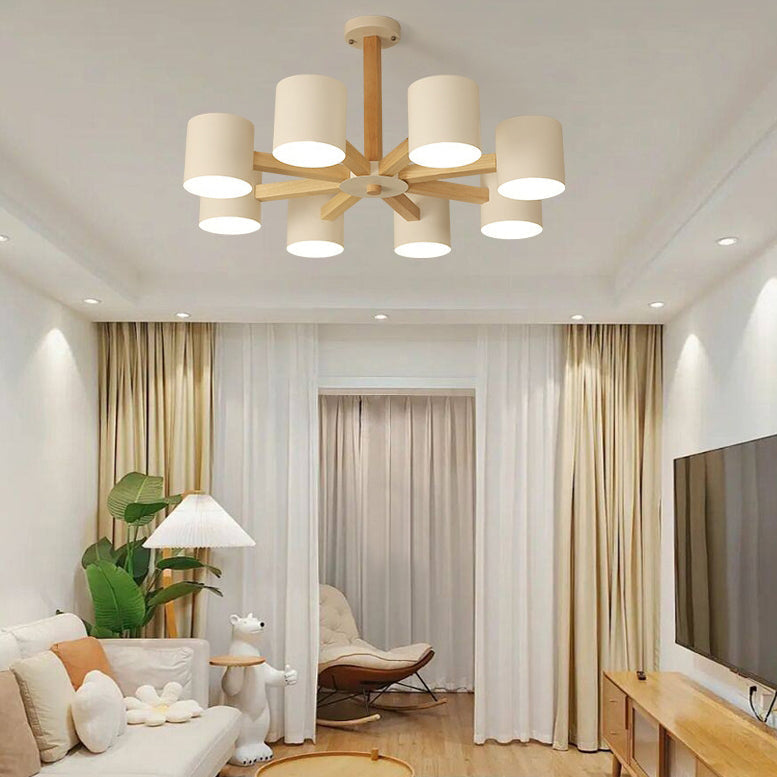 Contemporary Scandinavian Solid Wood Frame Hardware Cylinder Shade 6/8-Light Semi-Flush Mount Ceiling Light For Living Room