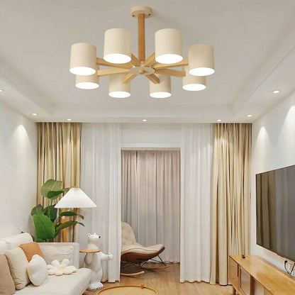 Contemporary Scandinavian Solid Wood Frame Hardware Cylinder Shade 6/8-Light Semi-Flush Mount Ceiling Light For Living Room