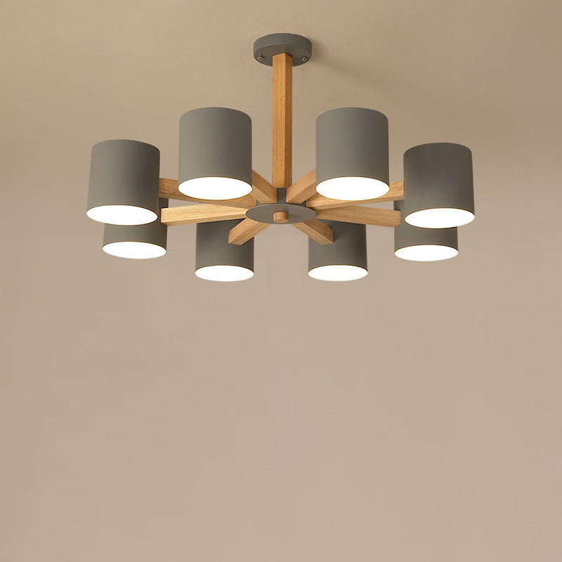 Contemporary Scandinavian Solid Wood Frame Hardware Cylinder Shade 6/8-Light Semi-Flush Mount Ceiling Light For Living Room