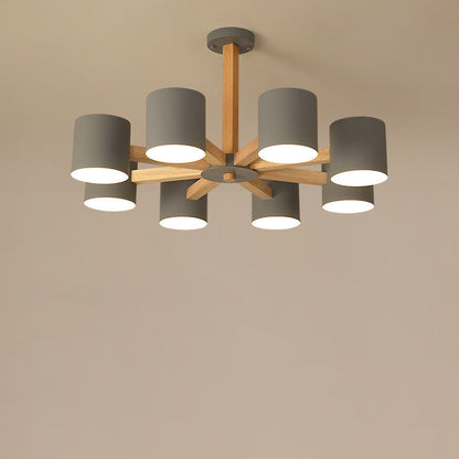 Contemporary Scandinavian Solid Wood Frame Hardware Cylinder Shade 6/8-Light Semi-Flush Mount Ceiling Light For Living Room