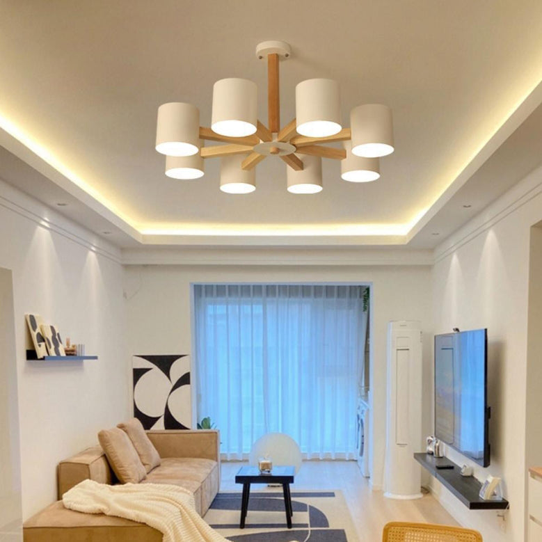 Contemporary Scandinavian Solid Wood Frame Hardware Cylinder Shade 6/8-Light Semi-Flush Mount Ceiling Light For Living Room