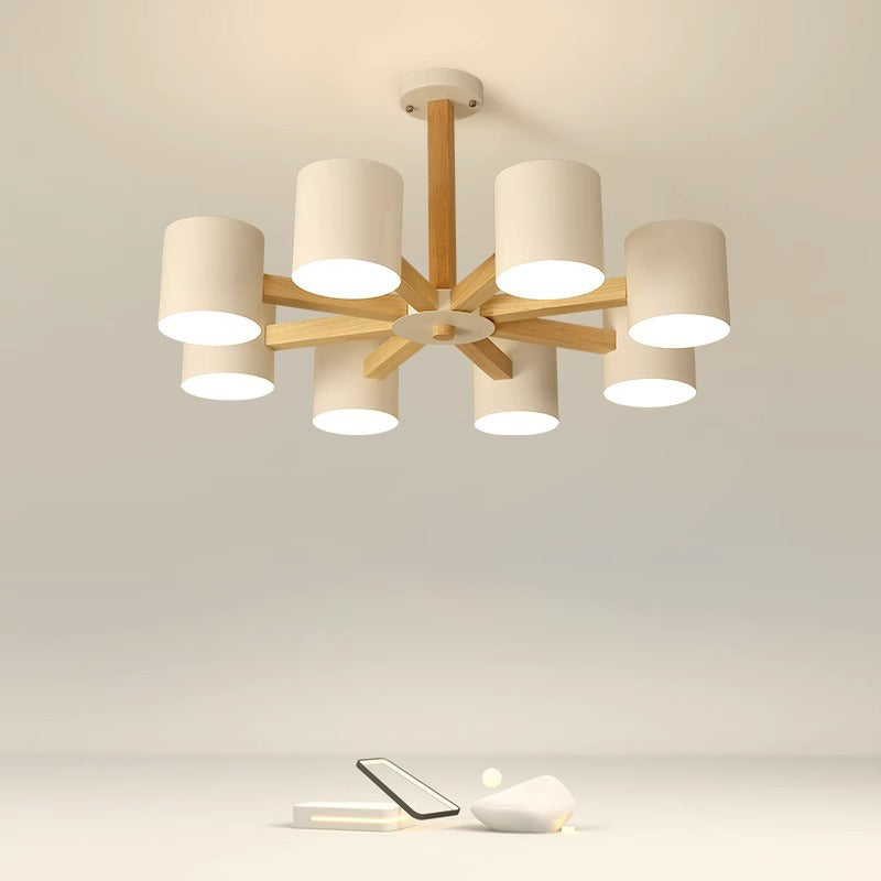 Contemporary Scandinavian Solid Wood Frame Hardware Cylinder Shade 6/8-Light Semi-Flush Mount Ceiling Light For Living Room