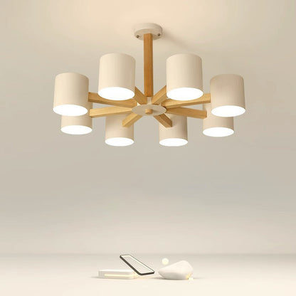Contemporary Scandinavian Solid Wood Frame Hardware Cylinder Shade 6/8-Light Semi-Flush Mount Ceiling Light For Living Room