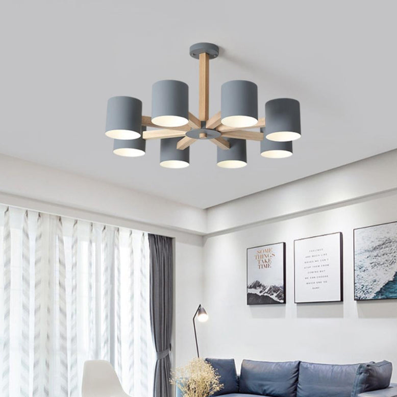 Contemporary Scandinavian Solid Wood Frame Hardware Cylinder Shade 6/8-Light Semi-Flush Mount Ceiling Light For Living Room