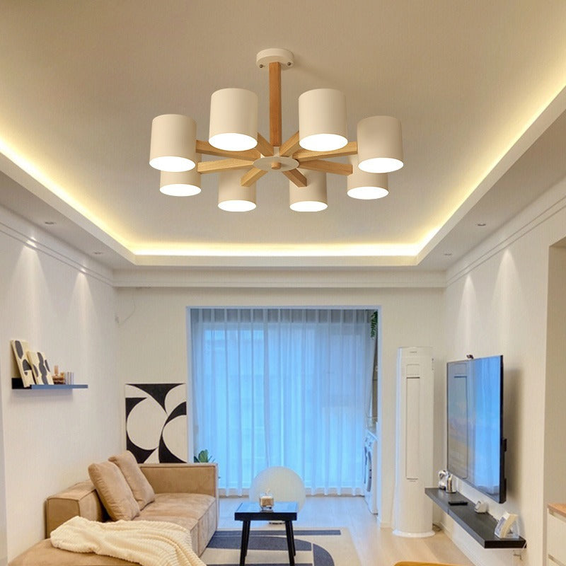Contemporary Scandinavian Solid Wood Frame Hardware Cylinder Shade 6/8-Light Semi-Flush Mount Ceiling Light For Living Room