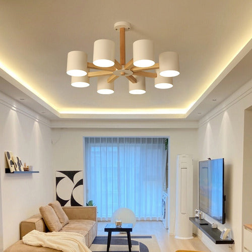 Contemporary Scandinavian Solid Wood Frame Hardware Cylinder Shade 6/8-Light Semi-Flush Mount Ceiling Light For Living Room