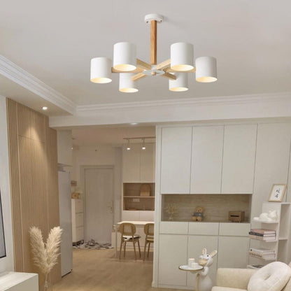 Contemporary Scandinavian Solid Wood Frame Hardware Cylinder Shade 6/8-Light Semi-Flush Mount Ceiling Light For Living Room