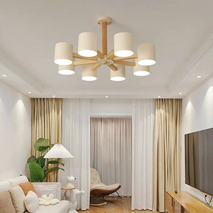 Contemporary Scandinavian Solid Wood Frame Hardware Cylinder Shade 6/8-Light Semi-Flush Mount Ceiling Light For Living Room