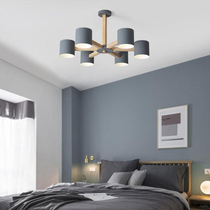 Contemporary Scandinavian Solid Wood Frame Hardware Cylinder Shade 6/8-Light Semi-Flush Mount Ceiling Light For Living Room