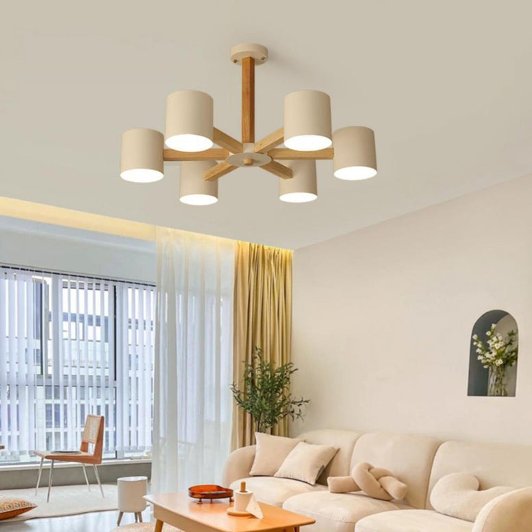 Contemporary Scandinavian Solid Wood Frame Hardware Cylinder Shade 6/8-Light Semi-Flush Mount Ceiling Light For Living Room