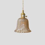 Contemporary Retro Checkered Glass Flower Shade Brass Solid Wood 1-light Pendant Light for Bedroom