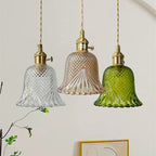 Contemporary Retro Checkered Glass Flower Shade Brass Solid Wood 1-light Pendant Light for Bedroom