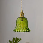 Contemporary Retro Checkered Glass Flower Shade Brass Solid Wood 1-light Pendant Light for Bedroom