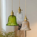 Contemporary Retro Checkered Glass Flower Shade Brass Solid Wood 1-light Pendant Light for Bedroom